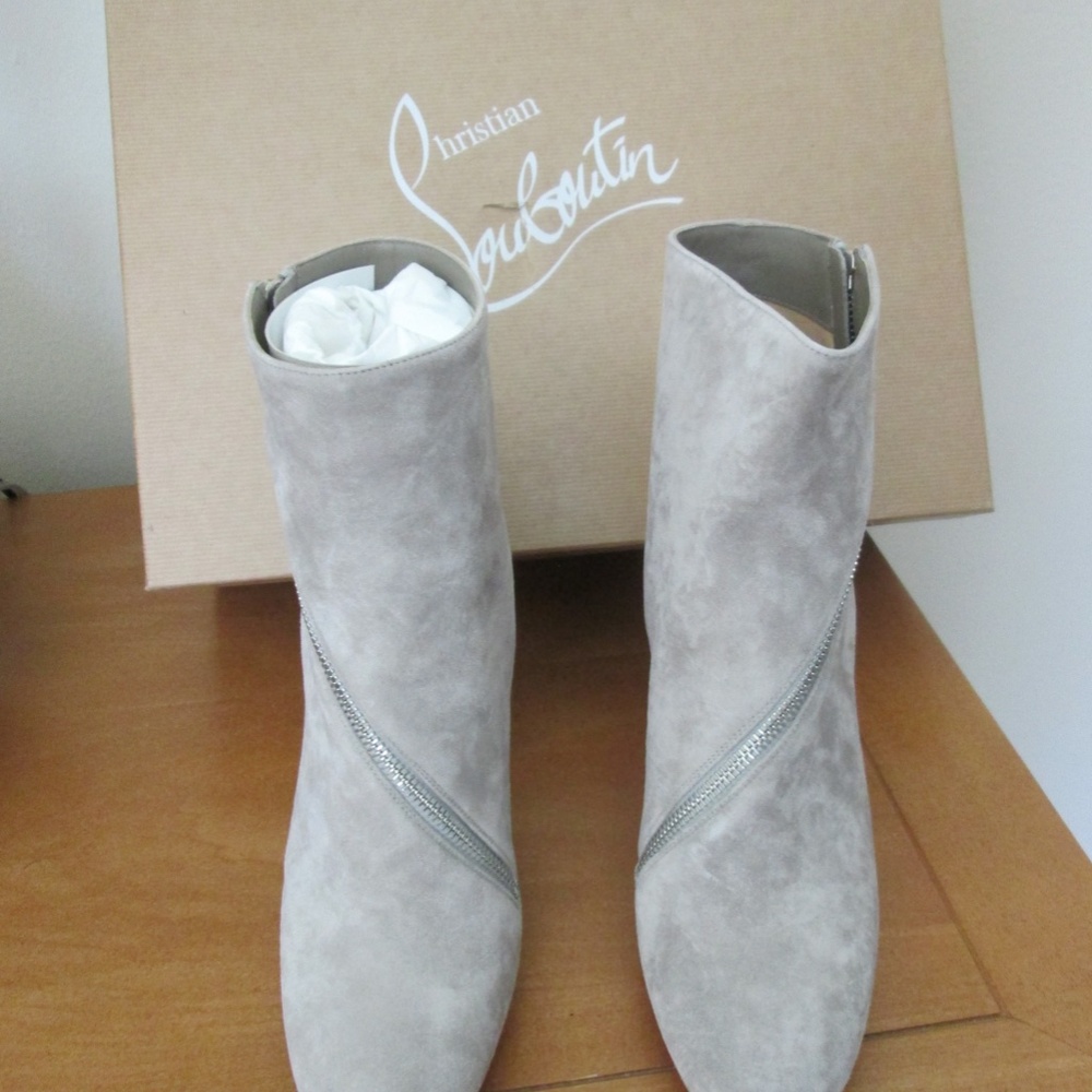 Christian Louboutin Light Gray Suede Ankle Booties with Diagonal Silver Zipper